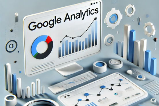 Google Analytics, with images of charts, graphics and a magnifying glass.