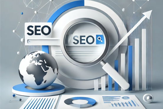 SEO, Search Engine Optimization, image with a globe, magnifying glass and graphs imagery.