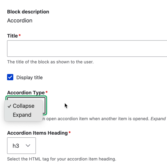 Screenshot of Accordion block in drupal.