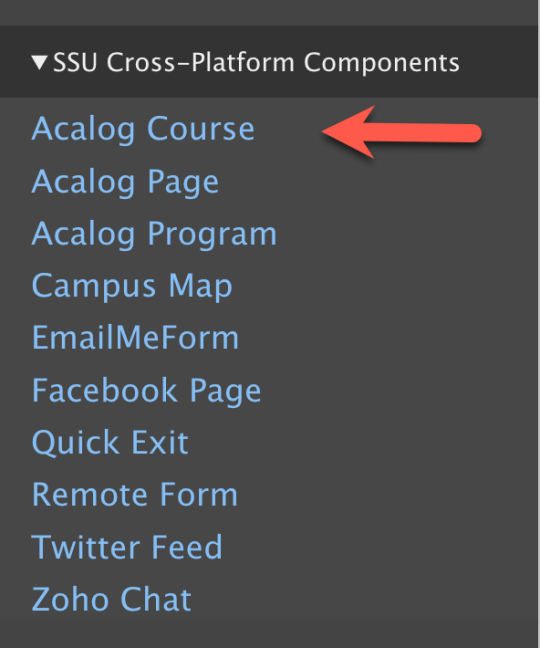 Layout builder tray with arrow pointing to Acalog Course.